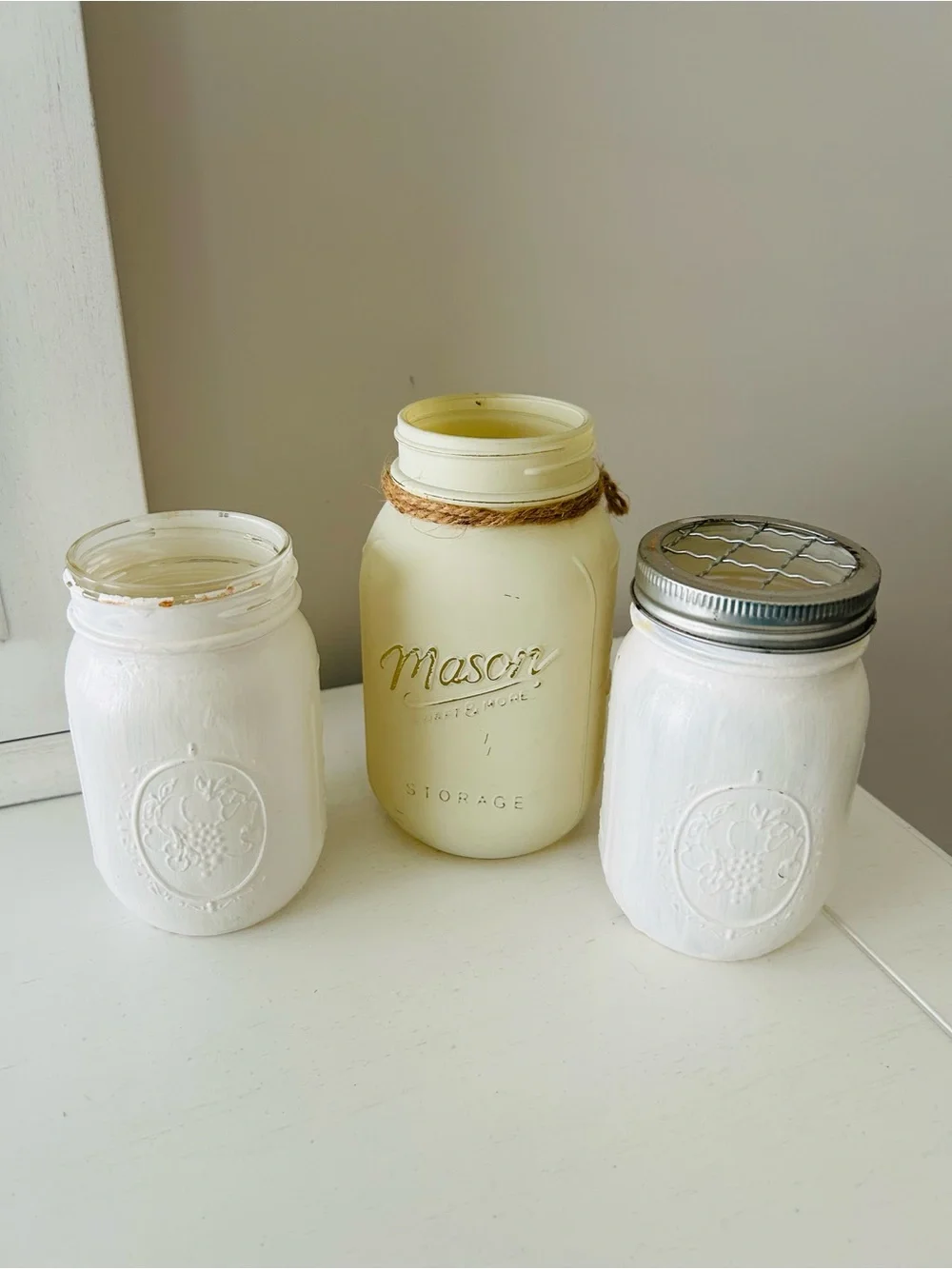 Mason Painted Jar Bathroom Set White and Cream Flower Vase/kitchen utensils etc